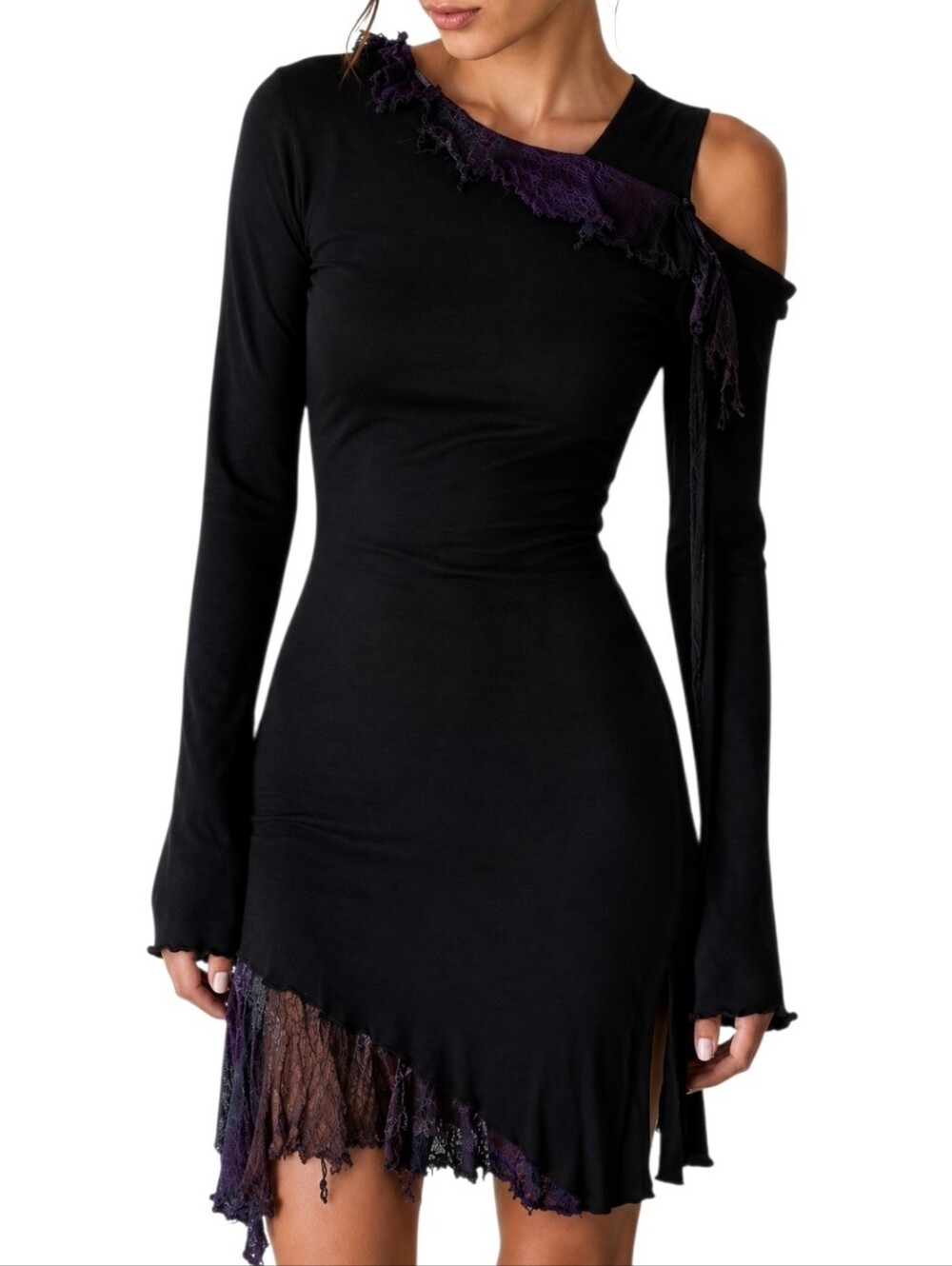 Asymmetric Dress Women Small Black Wool